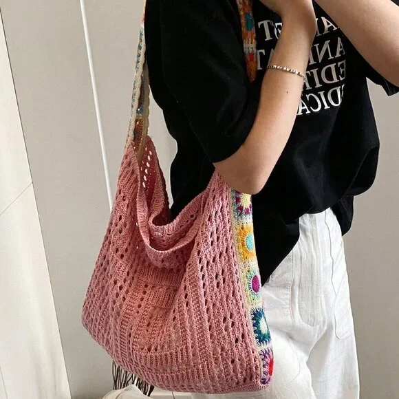 Pink Vacation Women's Hollow Knitted Contrast Color Flower Crossbody Bag - Picture 5 of 7